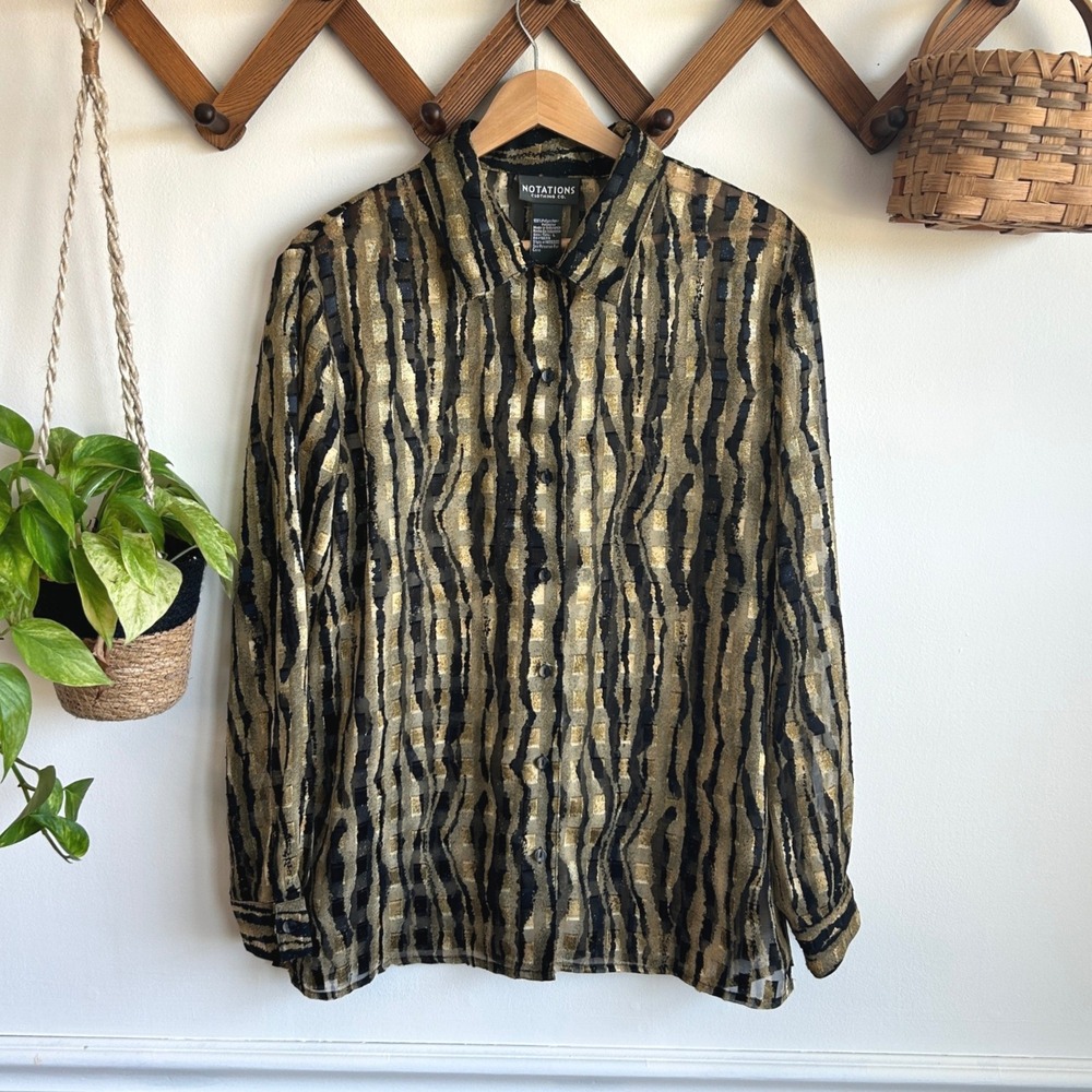 Vintage Notations Clothing Co Gold Black Sheer Metallic Striped Blouse Large